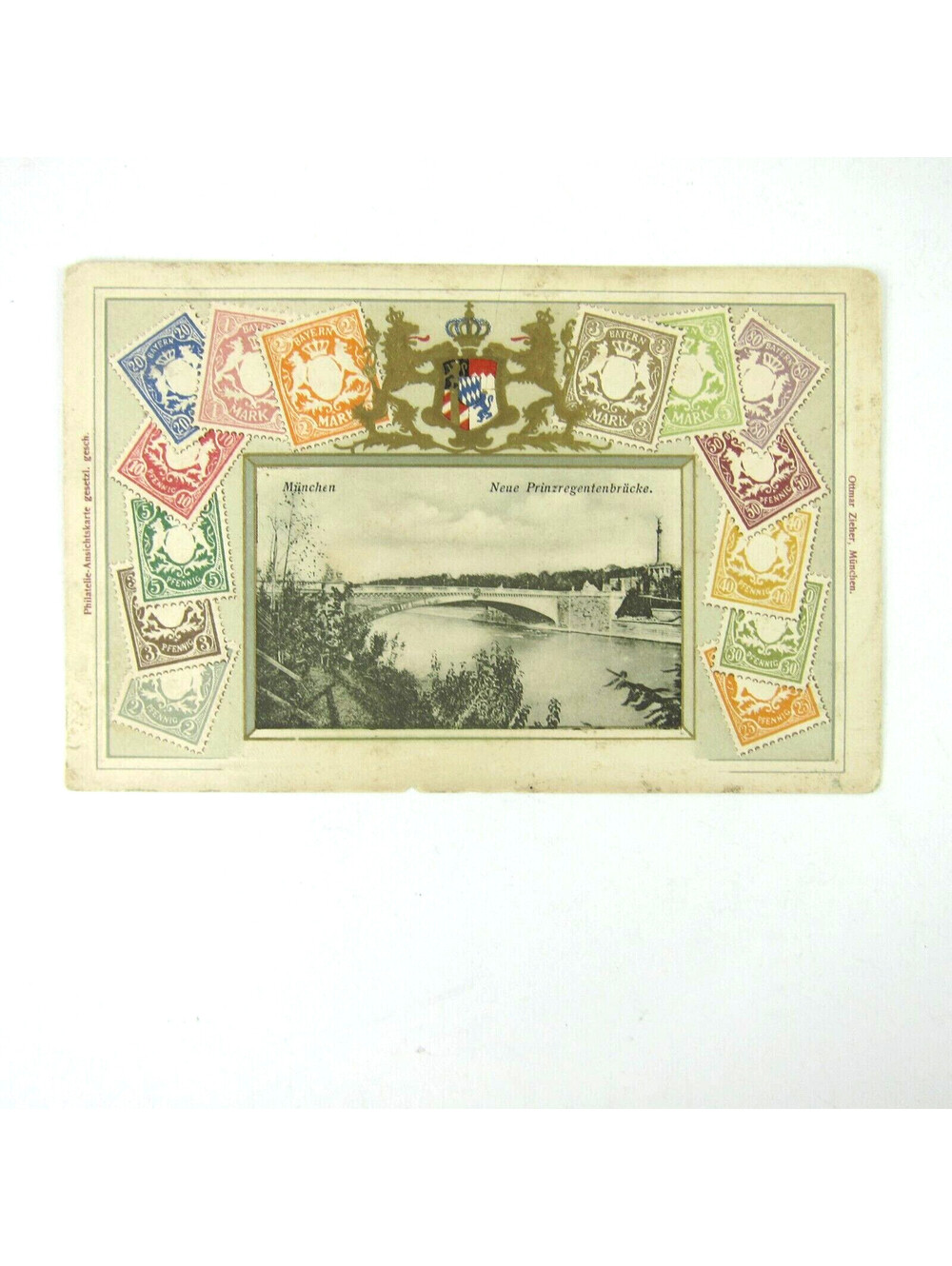 Germany Stamp on Stamp Postcard Munich New Prince Regent Bridge Antique UNPOSTED